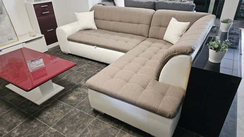 Sectional "Edard BR" in White Vegan Leather / Light Brown Taupe + Bed Function