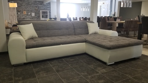 Sectional "Edard" in White PU Leather / Grey Fabric + Bed Function/Ottoman