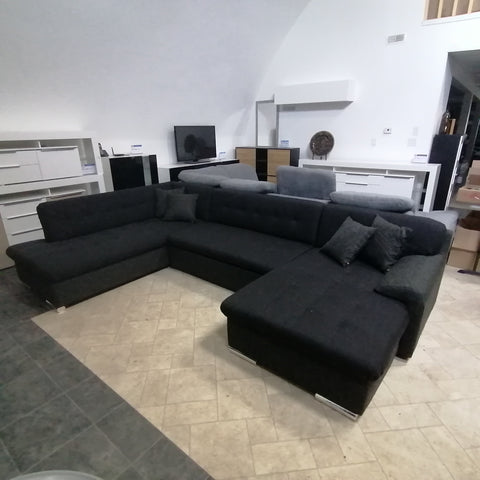 Sectional "Rocky" in Black PU Leather / Black Fabric + Bed Function