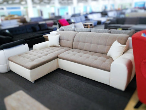 Sectional "Edard" in White PU Leather and Beige Fabric + Bed Function/Ottoman