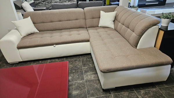 Sectional "Edard BR" in White Vegan Leather / Light Brown Taupe + Bed Function