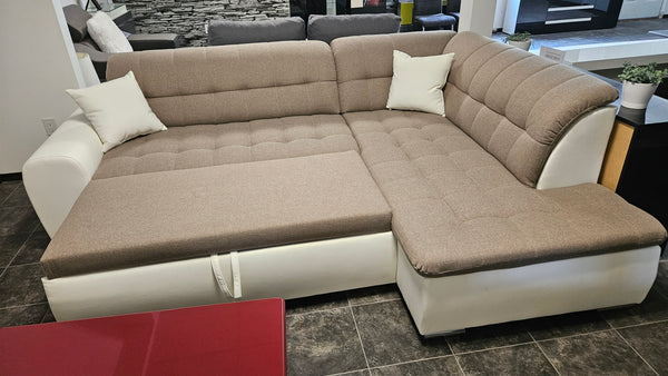 Sectional "Edard BR" in White Vegan Leather / Light Brown Taupe + Bed Function