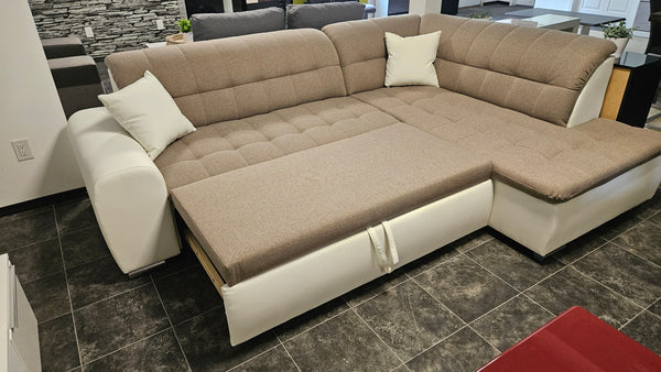 Sectional "Edard BR" in White Vegan Leather / Light Brown Taupe + Bed Function