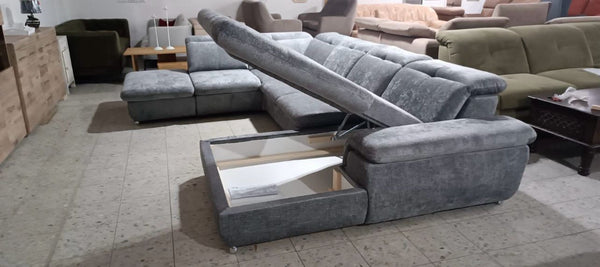 U-Shape Sectional "Andy" in Grey Fabric + Bed Function/Ottoman