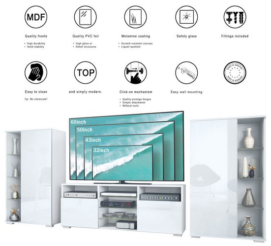Modern Wall Unit "Davos" in White Matt + Various Color Fronts