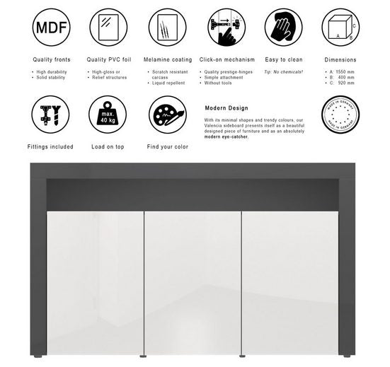 Sideboard Valencia - Black Matt / Various Front Colors