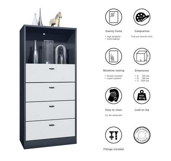 Storage Unit "Pinio V4" in Black/Fronts in Various Colors