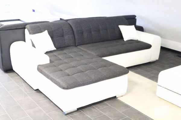 Sectional "Edard" in White PU Leather and Black Fabric + Bed Function/Ottoman