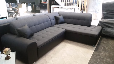 Sectional "Edard BR" in Black PU Leather / Dark Grey Fabric + Bed Function