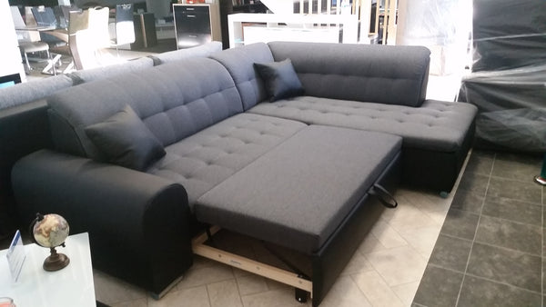 Sectional "Edard BR" in Black PU Leather / Dark Grey Fabric + Bed Function