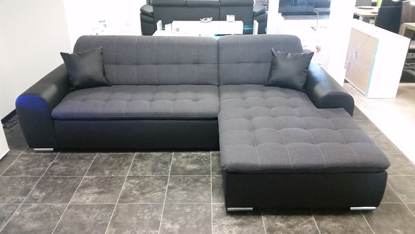 Sectional "Edard" in Black PU Leather and Grey Fabric + Bed Function/Ottoman