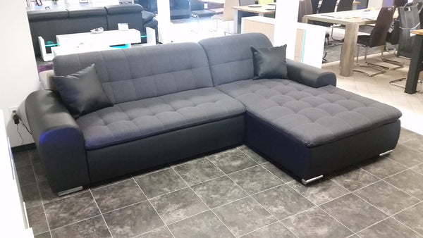 Sectional "Edard" in Black PU Leather and Grey Fabric + Bed Function/Ottoman