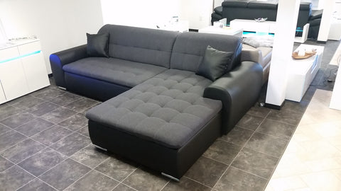 Sectional "Edard" in Black PU Leather and Grey Fabric + Bed Function/Ottoman