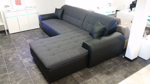 Sectional "Edard" in Black PU Leather and Grey Fabric + Bed Function/Ottoman