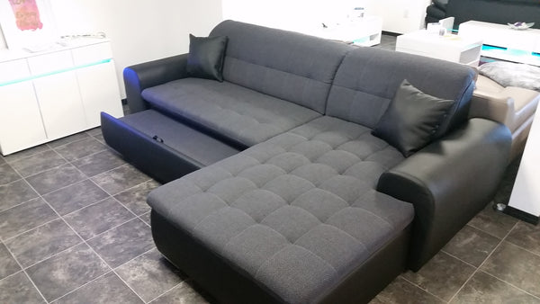 Sectional "Edard" in Black PU Leather and Grey Fabric + Bed Function/Ottoman