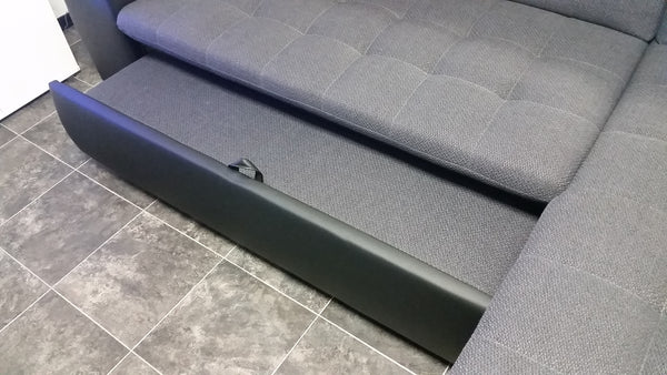 Sectional "Edard" in Black PU Leather and Grey Fabric + Bed Function/Ottoman