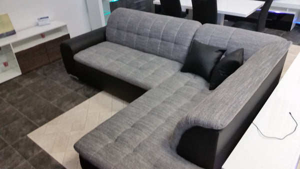 Sectional "Edard BR" in Black PU Leather / Grey Fabric + Bed Function