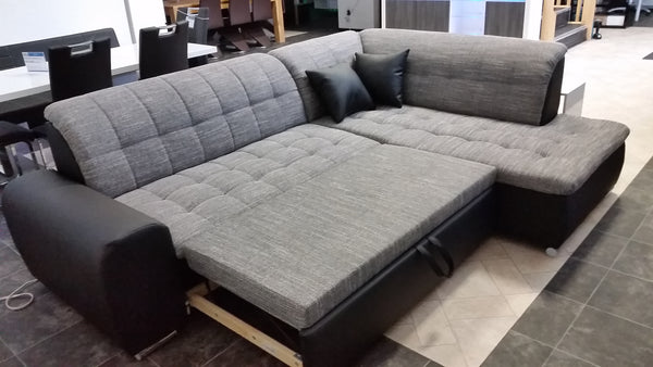 Sectional "Edard BR" in Black PU Leather / Grey Fabric + Bed Function