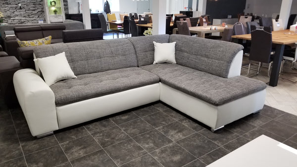 Sectional "Edard BR" in White PU Leather / Grey Fabric + Bed Function