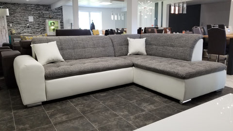 Sectional "Edard BR" in White PU Leather / Grey Fabric + Bed Function