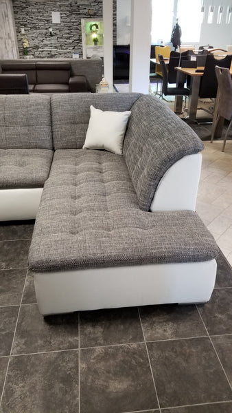 Sectional "Edard BR" in White PU Leather / Grey Fabric + Bed Function