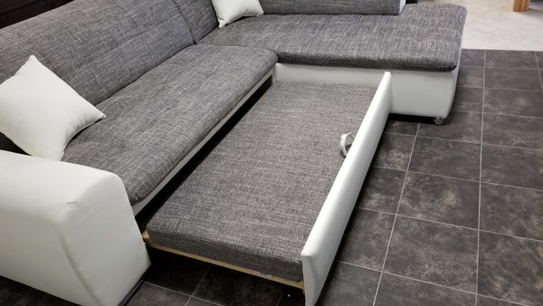 Sectional "Edard BR" in White PU Leather / Grey Fabric + Bed Function