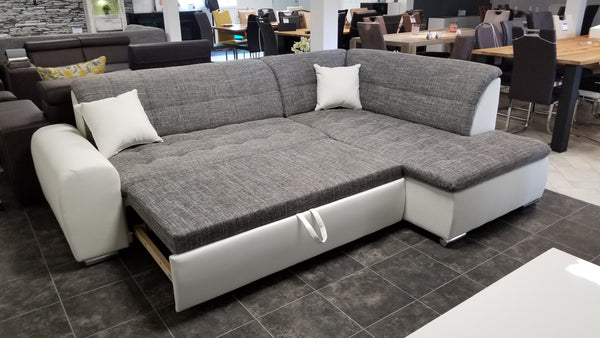 Sectional "Edard BR" in White PU Leather / Grey Fabric + Bed Function