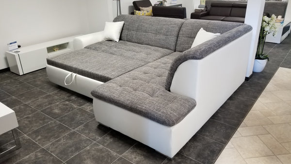 Sectional "Edard BR" in White PU Leather / Grey Fabric + Bed Function