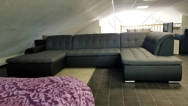 U-Shape Sectional "Edard" in Black PU Leather and Grey Fabric + Bed Function/Ottoman