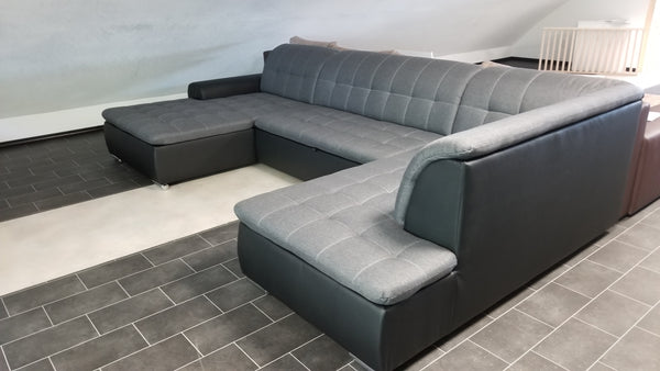 U-Shape Sectional "Edard" in Black PU Leather and Grey Fabric + Bed Function/Ottoman