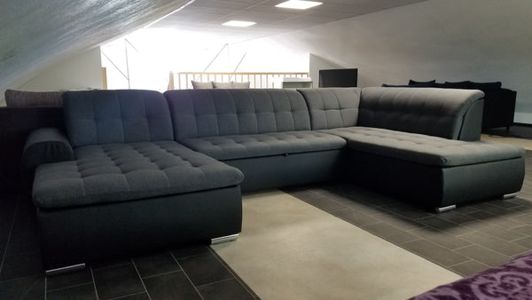 U-Shape Sectional "Edard" in Black PU Leather and Grey Fabric + Bed Function/Ottoman