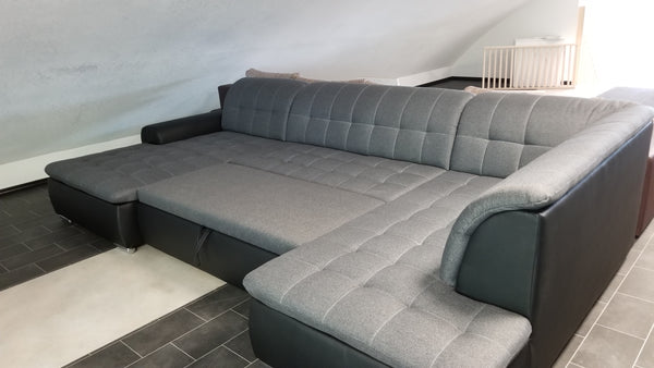 U-Shape Sectional "Edard" in Black PU Leather and Grey Fabric + Bed Function/Ottoman