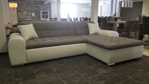 Sectional "Edard" in White PU Leather / Grey Fabric + Bed Function/Ottoman