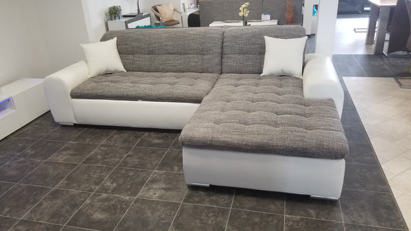 Sectional "Edard" in White PU Leather / Grey Fabric + Bed Function/Ottoman