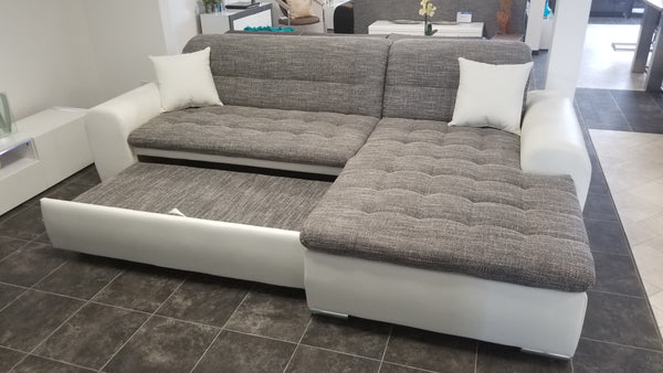Sectional "Edard" in White PU Leather / Grey Fabric + Bed Function/Ottoman