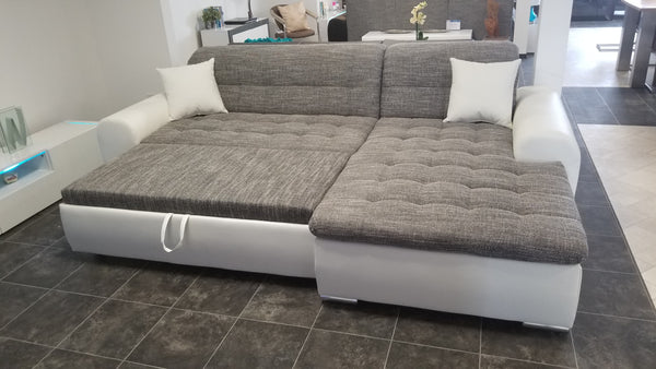 Sectional "Edard" in White PU Leather / Grey Fabric + Bed Function/Ottoman