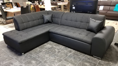 Sectional "Edard BR" in Black PU Leather / Black Fabric + Bed Function