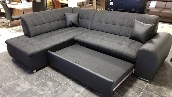 Sectional "Edard BR" in Black PU Leather / Black Fabric + Bed Function