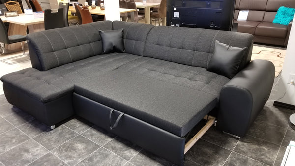 Sectional "Edard BR" in Black PU Leather / Black Fabric + Bed Function