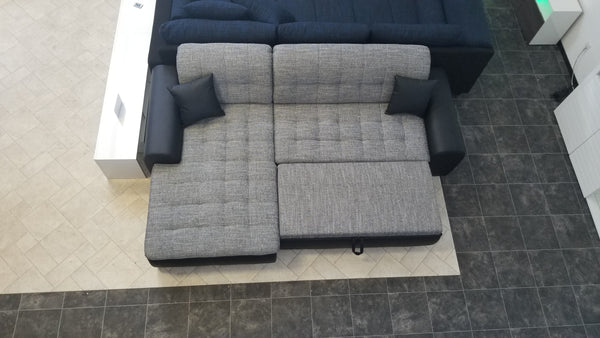 Sectional "Edard" in Black PU Leather / Grey Fabric + Bed Function