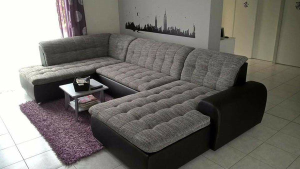 U-Shape Sectional "Edard" in Black PU Leather and Grey Fabric + Bed Function/Ottoman