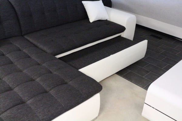 Sectional "Edard" in White PU Leather and Black Fabric + Bed Function/Ottoman