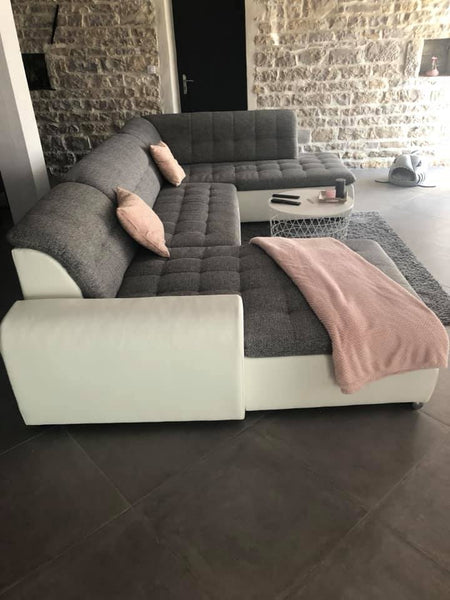 U-Shape Sectional "Edard" in White PU Leather and Grey Fabric + Bed Function/Ottoman