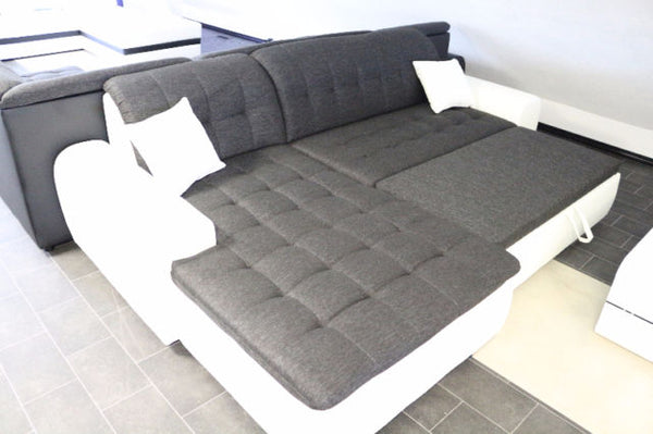 Sectional "Edard" in White PU Leather and Black Fabric + Bed Function/Ottoman
