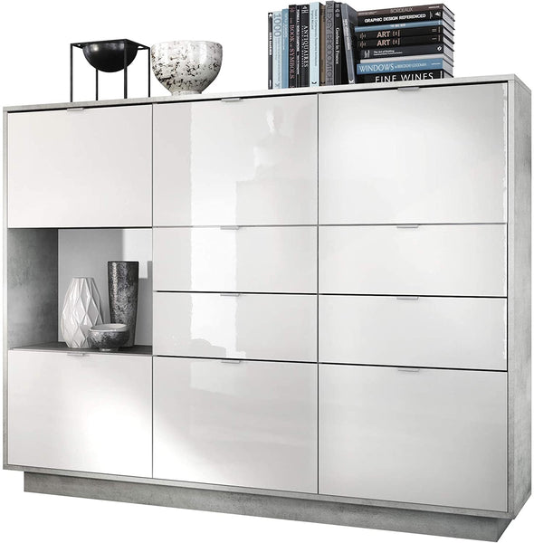 Highboard "Metro V2" in Concrete / White High Gloss