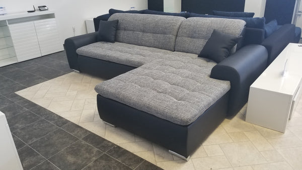 Sectional "Edard" in Black PU Leather / Grey Fabric + Bed Function