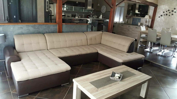 U-Shape Sectional "Edard" in Brown PU Leather and Beige Fabric + Bed Function/Ottoman