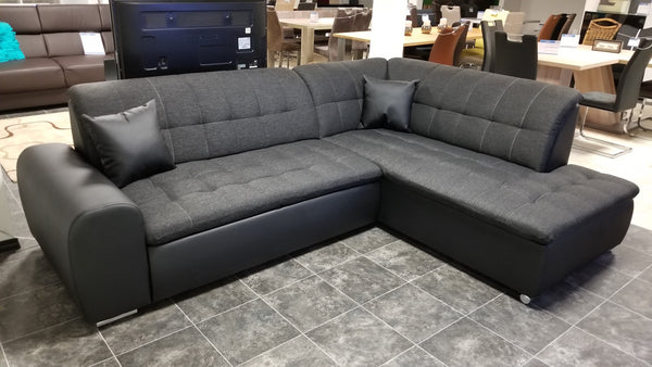 Sectional "Edard BR" in Black PU Leather / Black Fabric + Bed Function