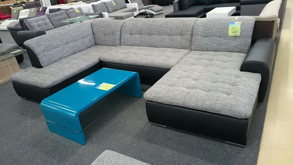 U-Shape Sectional "Edard" in Black PU Leather and Grey Fabric + Bed Function/Ottoman