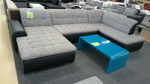 U-Shape Sectional "Edard" in Black PU Leather and Grey Fabric + Bed Function/Ottoman